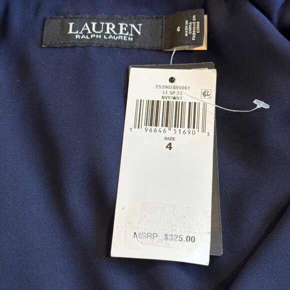 NWT Lauren Ralph Lauren Midi Dress Polka Dot Navy White Chiffon V-Neck Size 4 - Picture 3 of 13